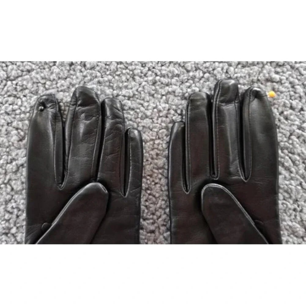 Bloomingdale's Fancy Quilted Leather Gloves Women's 7 Black Faux Pearl Trim
